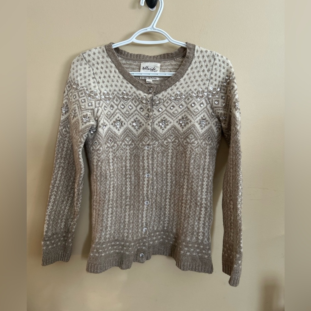 Women's Beige Patterned Wool Blend Sweater with Sparkle and Pearl Accents.